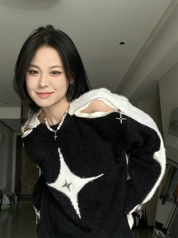 Autumn Harajuku Fashion Retro Contrast 2022 New Y2k  Color Star Sweater Sexy Slash Neck Off Shoulder Long Sleeve Tops Jumpers