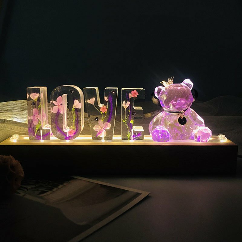 Lámpara personalizada con letras y nombre, luz Led de noche hecha a mano, regalo para el Día de San Valentín de la madre, flor seca de resina, Color cálido