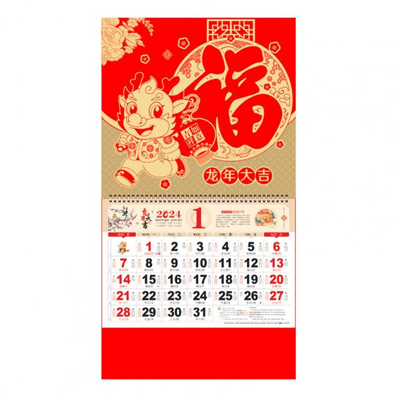 Traditional Holiday Planner 2024 Year of Dragon Wall Calendar Lunar Coil Page Turning Ornamental Chinese New Year for Home