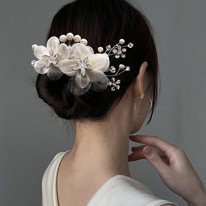 2024 Chiffon Flower Rhinestones Hair Comb For Women Bridal Headdress Hair Pins Wedding Party Photo Props Hair Accessories