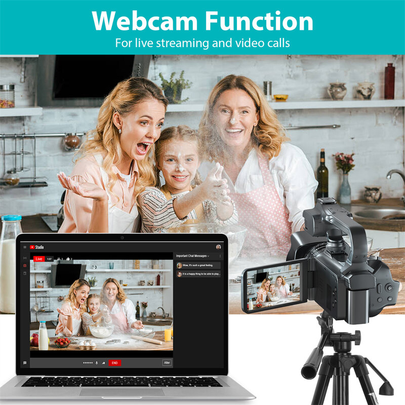 Kamera Video Digital Youtube Camcorder 4K untuk Webcam WiFi Live Stream Kamera Digital 18X 64MP Perekam Vlog 4 Inci Layar Putar