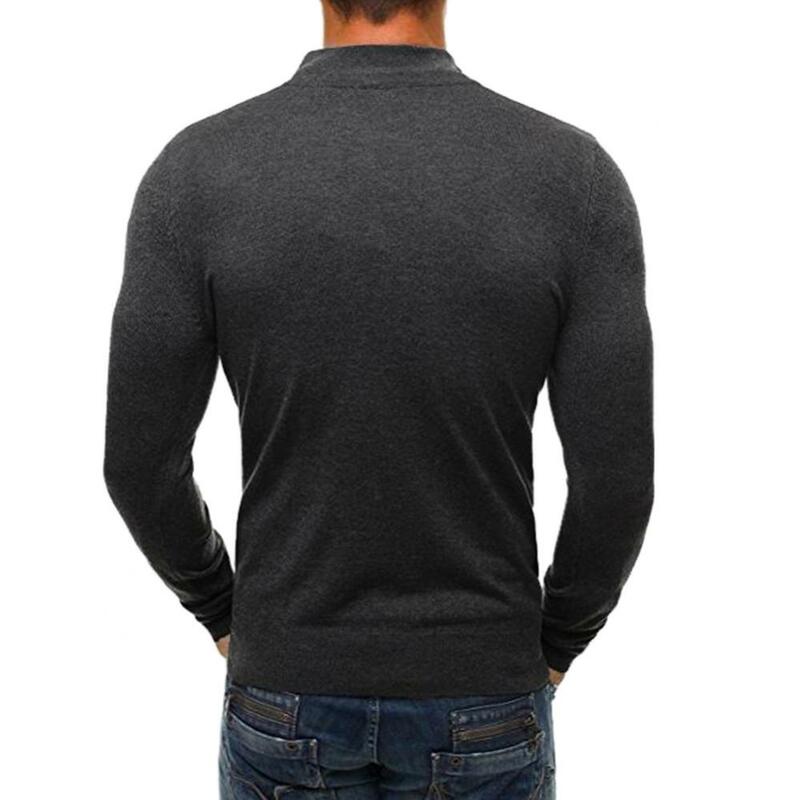 Camisola de malha monocromática para homens, gola, manga comprida, top com zíper, blusa chique