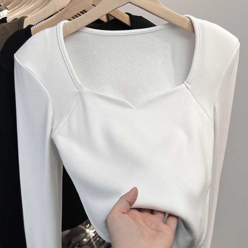 Jesienno-zimowy damski zwężane koszule intymny bielizna z długim rękawem damski podkoszulek kwadratowy dekolt Plus aksamitne topy termiczne