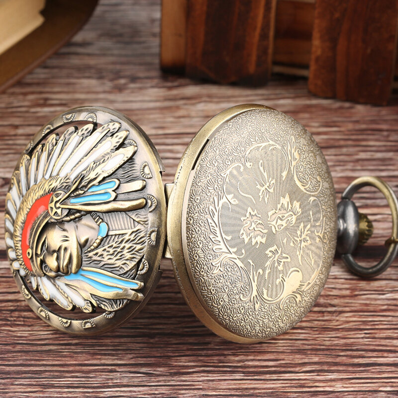 Uns Faktor Taschenuhr Vintage Bronze Tribal Chief Halskette Anhänger Quarz Taschenuhren Uhr Geschenk für Männer und Frauen