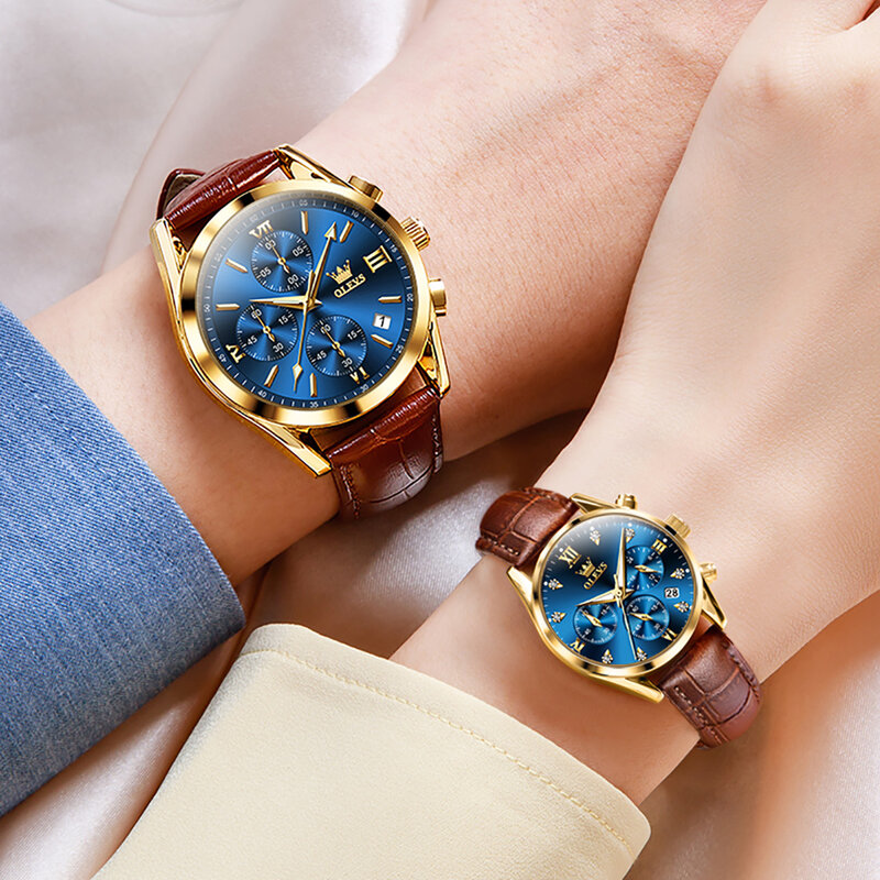 OLEVS-Montre de couple pour hommes et femmes, montre-bracelet à quartz étanche, bracelet en cuir, design chronographe, cadeaux pour amoureux