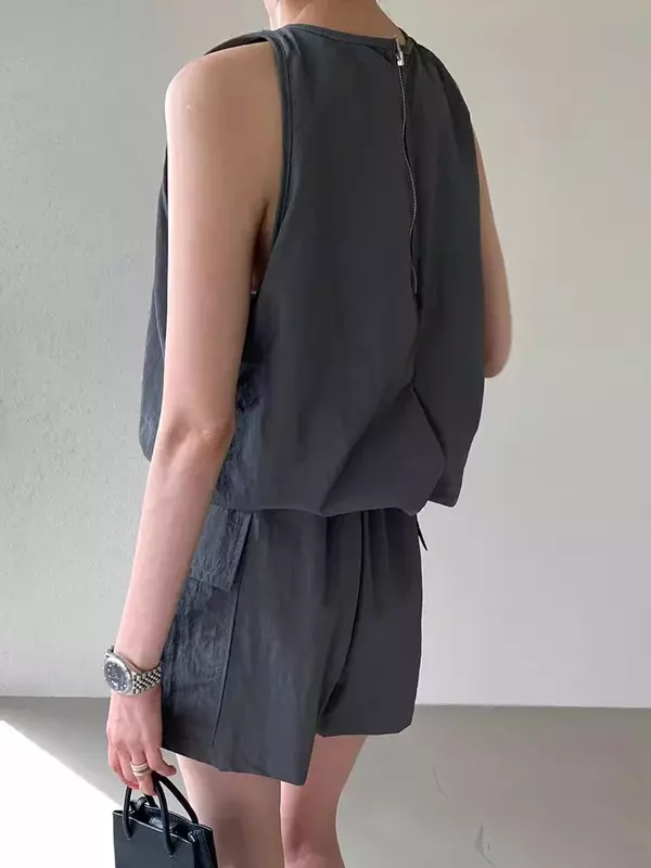 Korean Fashion Women Solid Color Short Sleeved Two-piece Summer Casual Zippered Vest Shirt+elastic Waist Pants Skirt Women's Set
