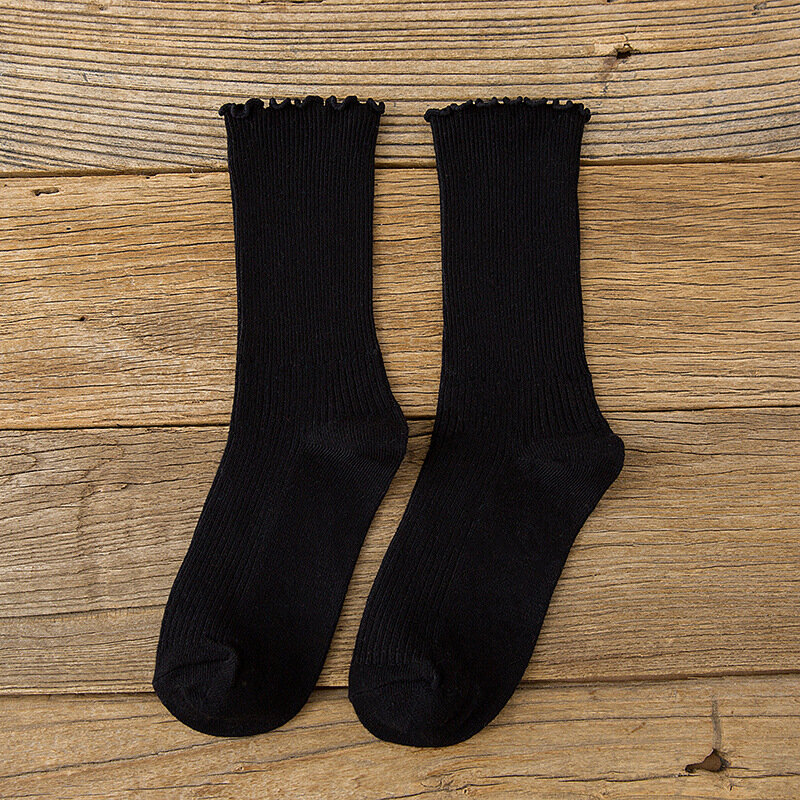 Хлопковые дышащие женские носки в стиле Харадзюку, ретро, уличная одежда, однотонные черные, белые носки, женские милые японские милые носки с рюшами
