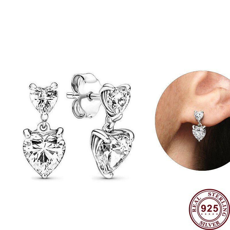Hot Sale 925 Sterling Silver Wave Hand Painted Love Heart Original Women's Double Heart Logo Earrings Wedding DIY Charm Jewelry