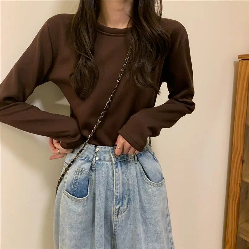 Warm Top Women's Solid Color Loose Thickening Warm Inside Long-sleeved Autumn and Winter Bottoming Long-sleeved Bottoming Shirt