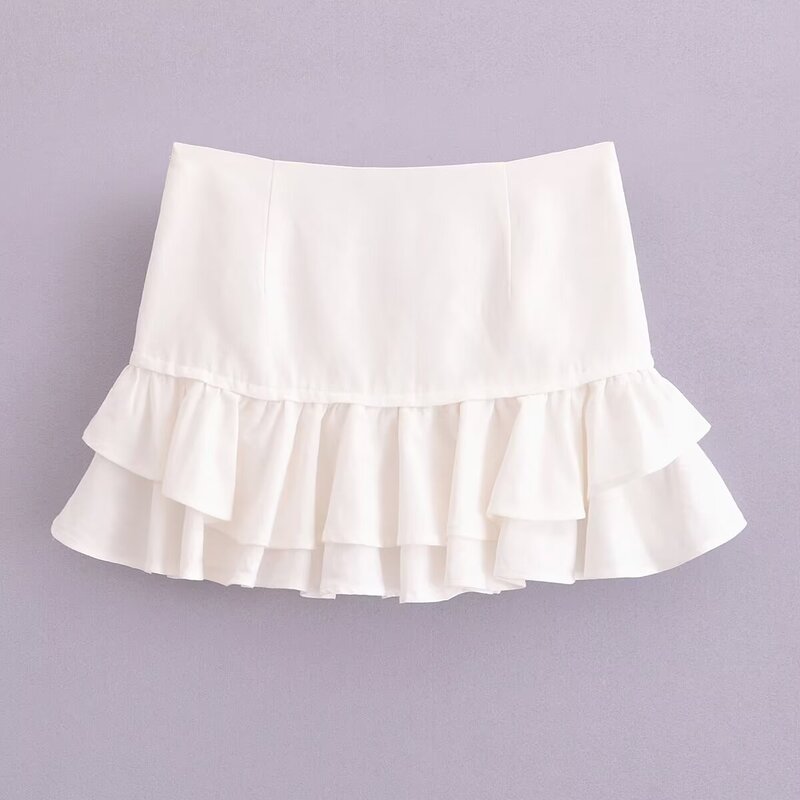 Mini-saia feminina chique de renda plissada, decoração em camadas, fino, vintage, cintura alta, zíper lateral, nova moda