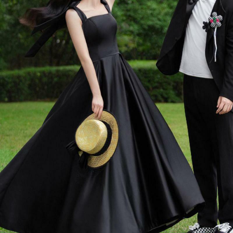 Czarne proste suknie ślubne dla kobiet moda paski Spaghetti elegancka linia Abiti Da Sposa nowe satynowy suknie wieczorowe