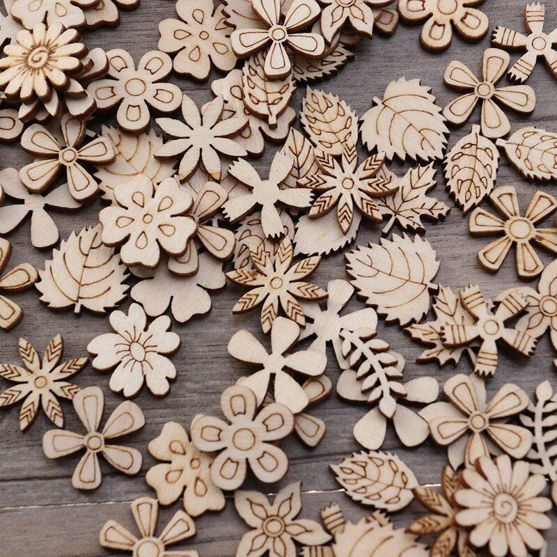 100Pcs Wood Discs Slices Flower Shape Unfinished Wooden Cutouts Craft DIY Decoration