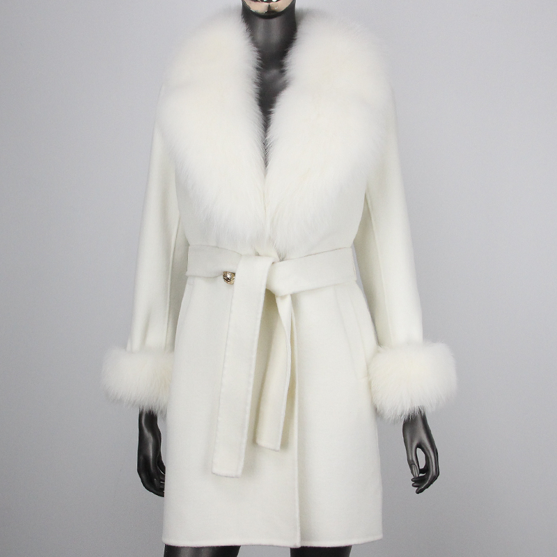 2023 baru mantel bulu asli kasmir campuran wol jaket musim dingin wanita bulu rubah alami kerah manset pakaian luar berkancing dua baris