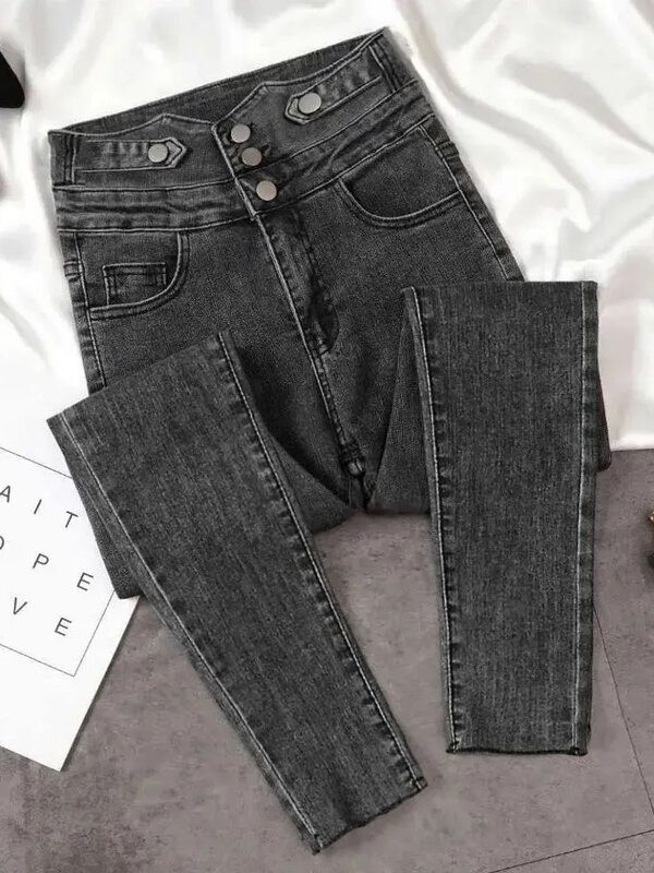 Jeans lápis de cintura alta com design chique feminino, calça jeans vintage com estiramento magro, streetwear casual coreano, comprimento do tornozelo