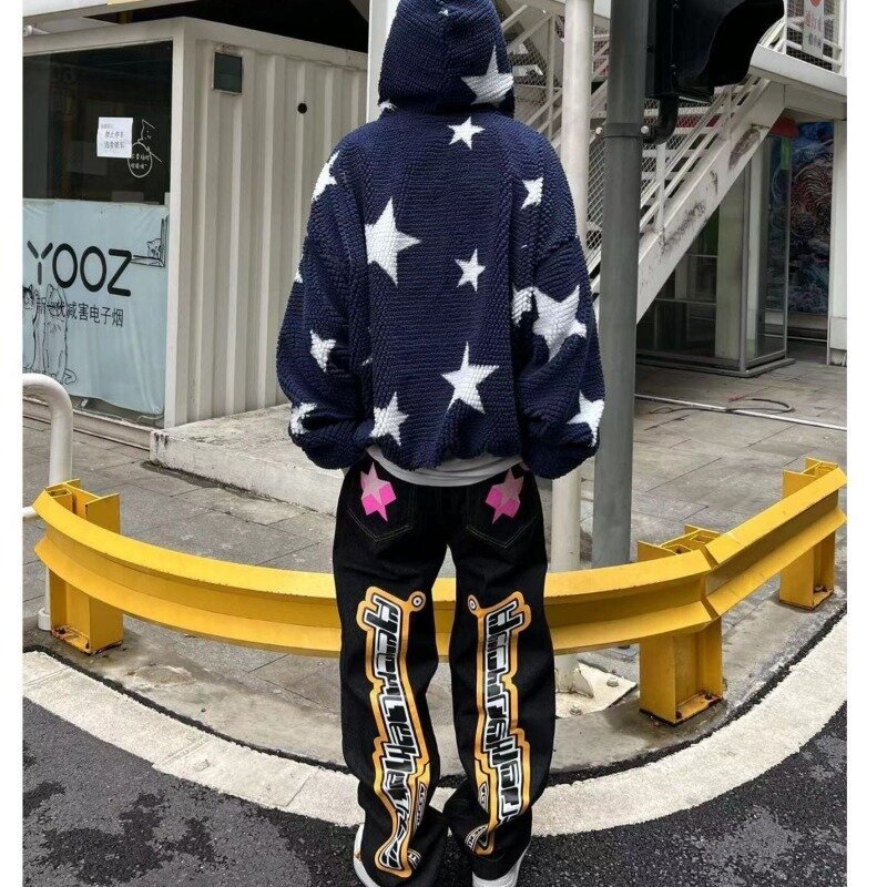 American retro jeans star print trendy personality jeans for men and women hip-hop loose stacked straight new trousers jeans