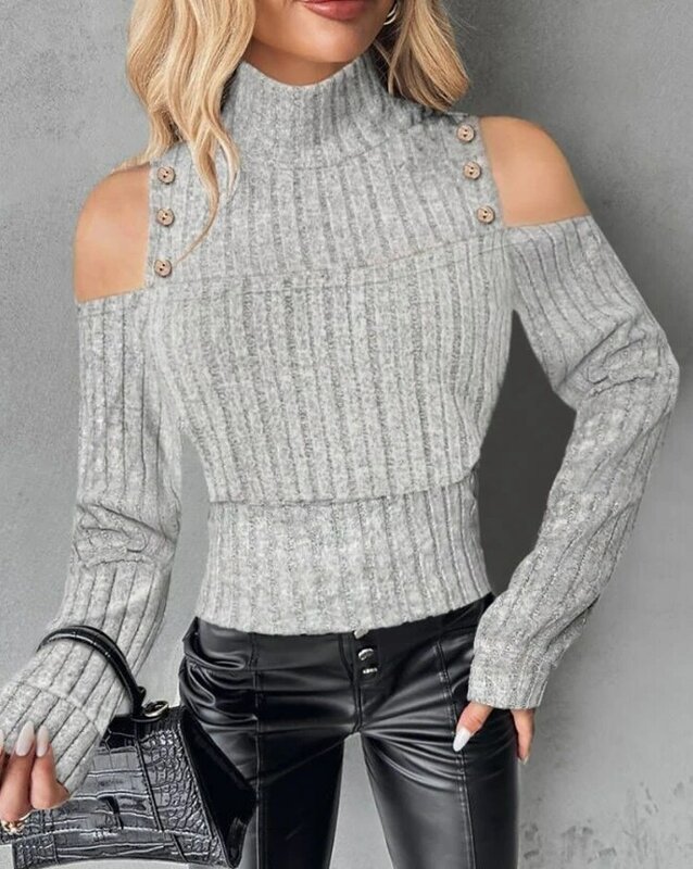 Y2K свитер для женщин 2024 осень перекрывание вырез водолазка холодные плечи длинный рукав вязаные пуговицы Декор ребристый пуловер