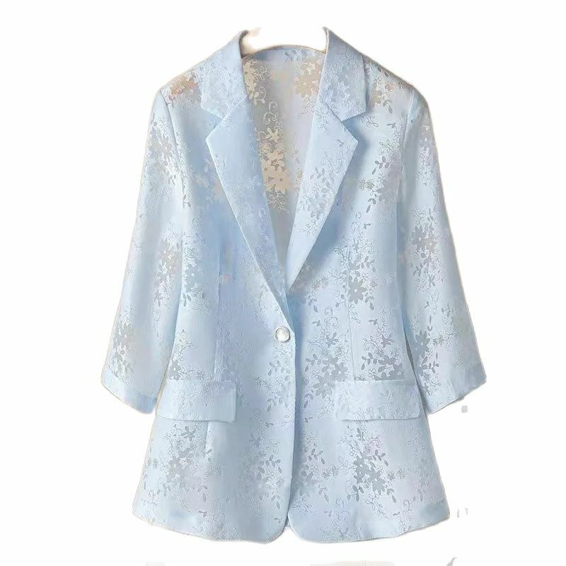 Blazer feminino de renda fina, casaco protetor solar, casaco oco, azul e branco, nova moda, verão, 2024