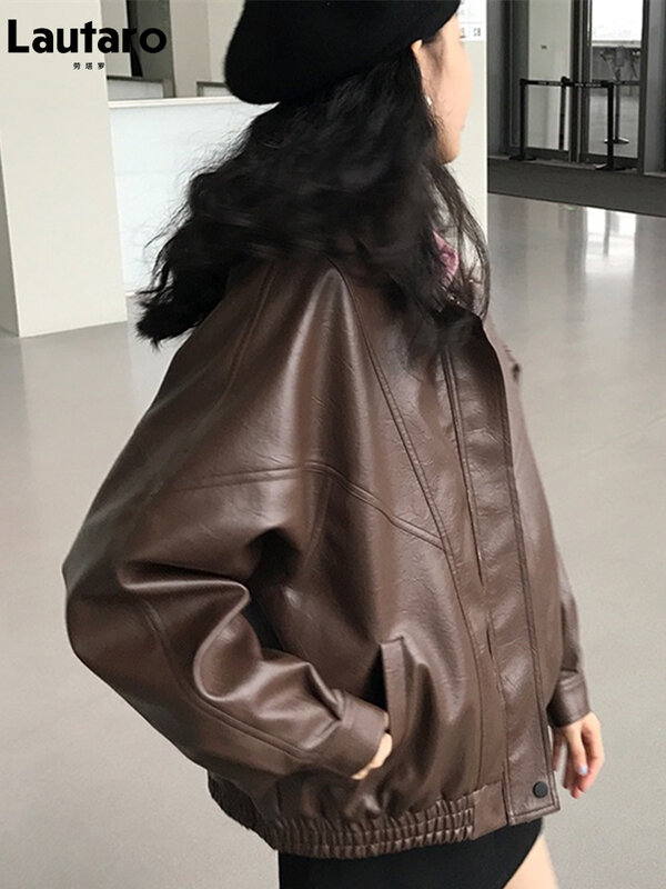 Lauraro Musim Semi Musim Gugur Oversize Retro Hitam Coklat Jaket Kulit Wanita Ritsleting Lengan Panjang Longgar Kasual Keren Pakaian Korea 2022