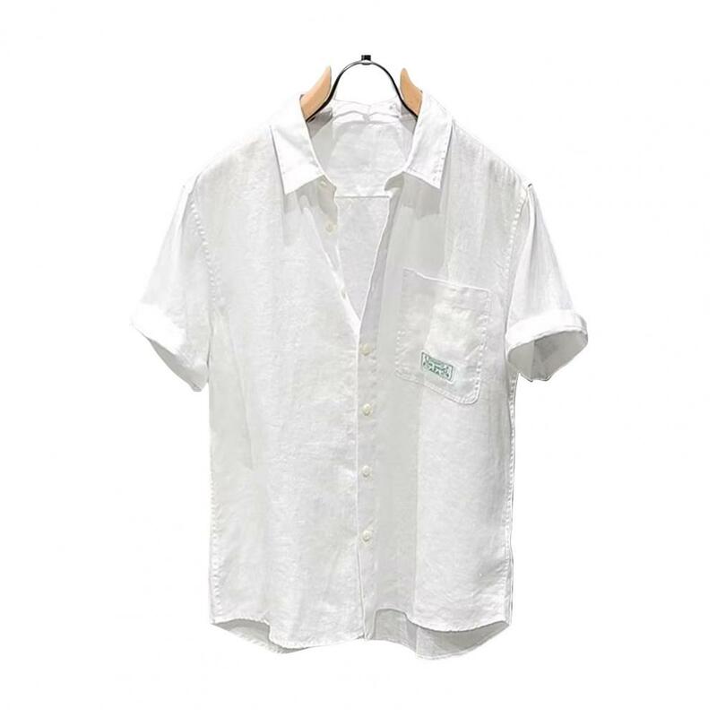 Camisa masculina de comprimento médio elegante, cor sólida, cardigã de verão com gola virada para baixo, bolso no peito para dia a dia