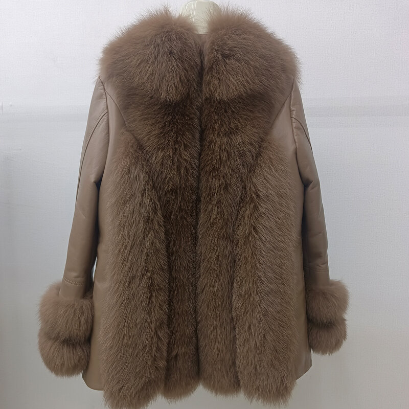 고급 럭셔리 여우 모피 가죽 다운 라이너 재킷 여성용, v넥 방풍 따뜻한 스트리트 패션 재킷 신상