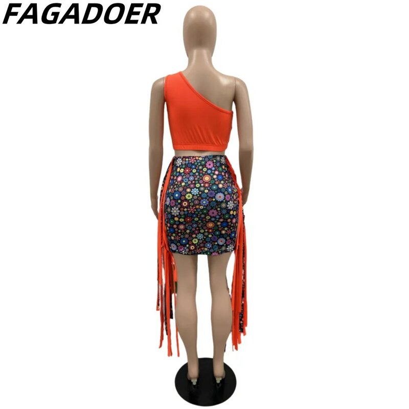 FAGADOER-Conjunto de dos piezas para mujer, Top corto sin mangas con un hombro, minifalda con borlas, ropa de moda