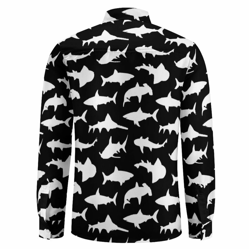 Camisa casual masculina de tubarões brancos, confortável blusas de manga longa, roupas grandes, estampa animal, gráfico elegante, outono