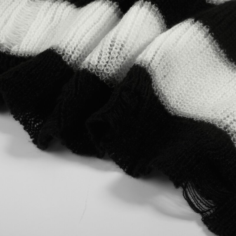 Suéter listrado vintage preto branco com mangas compridas, suéter vazado com buraco quebrado redonda