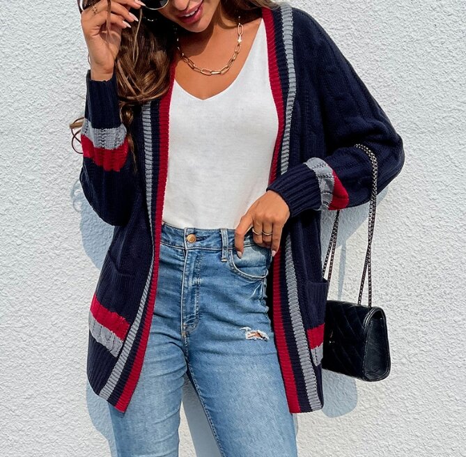 Sweter damski 2023 dziewczęcy styl moda Casual średniej długości pasiasta kieszeń sweter dziergany codzienny sweter z długim rękawem