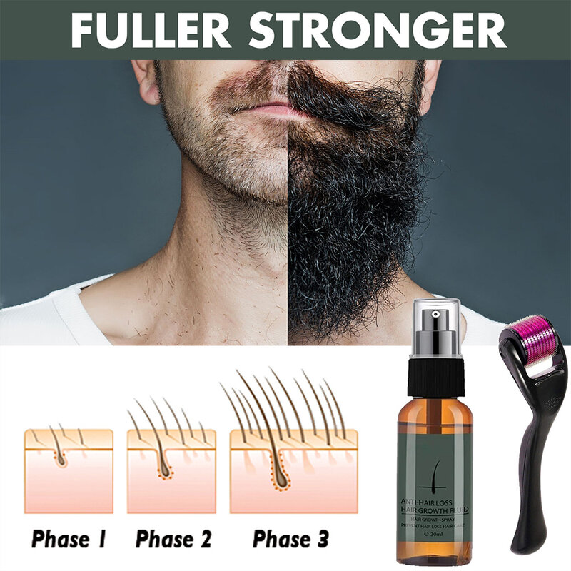 Kit de rouleaux de croissance de barbe naturels pour hommes, huile de croissance de barbe pour hommes, rehausseur nourrissant, spray anti-perte de cheveux avec rouleau à barbe