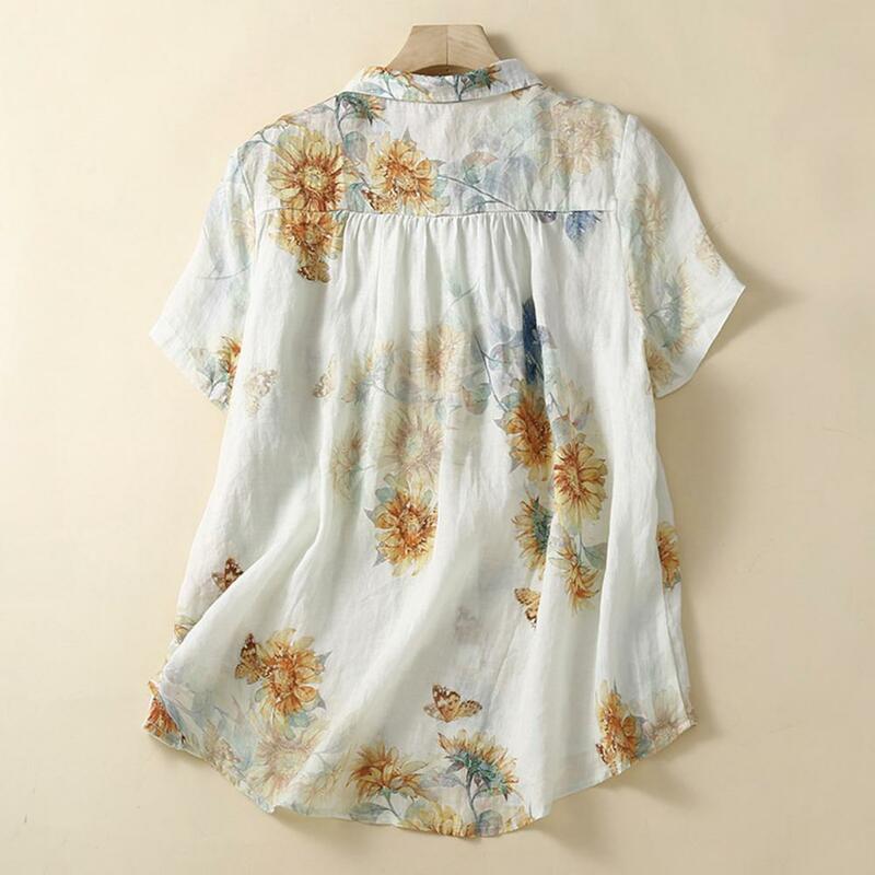Camisa holgada de textura suave para mujer, camisa elegante informal de verano, solapa de colección, manga corta, camisa holgada con bolsillo