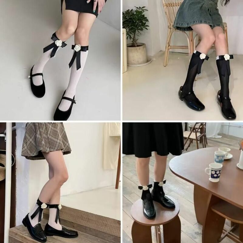 Foot Retro Breathable Cotton Cute Lace Women Bow Short Socks Ballet Style Stockings Camellia Flower Socks Silk Calf Socks