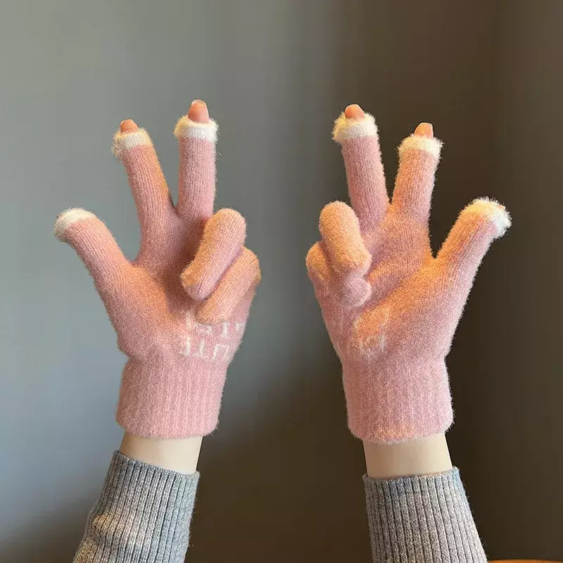 Vrouwen Schattige Winter Pluizige Handschoenen Panda Vingertop Warme Gebreide Vingerloze Handschoenen Wol Touchscreen Telefoon Meisjes Volledige Vinger Wanten