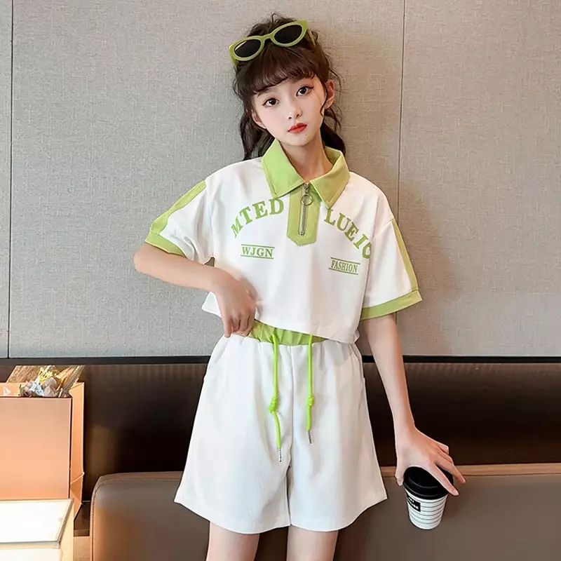 New Cool Summer Sport Girls Clothing Set Short Style Letter Lapel T-shirt+Pants 2Pcs Suit For 2-12 Years Girl Children Outfit