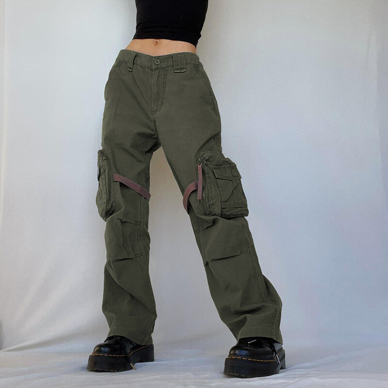 Pantalones Cargo informales para mujer, pantalón holgado de cintura baja con bolsillos, Estilo Vintage, ropa de calle lisa