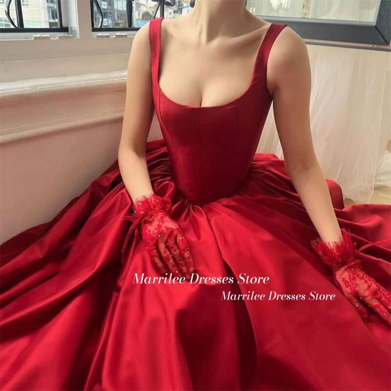 Marrilee Red Spaghetti Straps High Side Slit Stain Evening Dress Square Neck Backless Lace Up Sleeveless Floor Length Prom Gowns