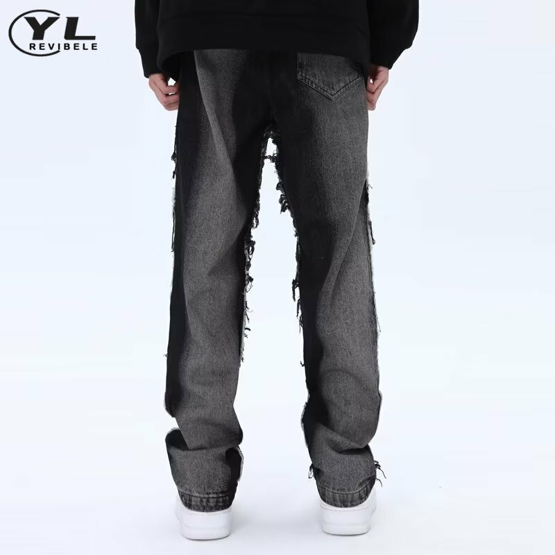 Men Hip Hop Jeans Spring Autumn Loose Multi Pocket Straight Denim Pants Wash Vintage Male Punk High Waist Wide Leg Trousers New