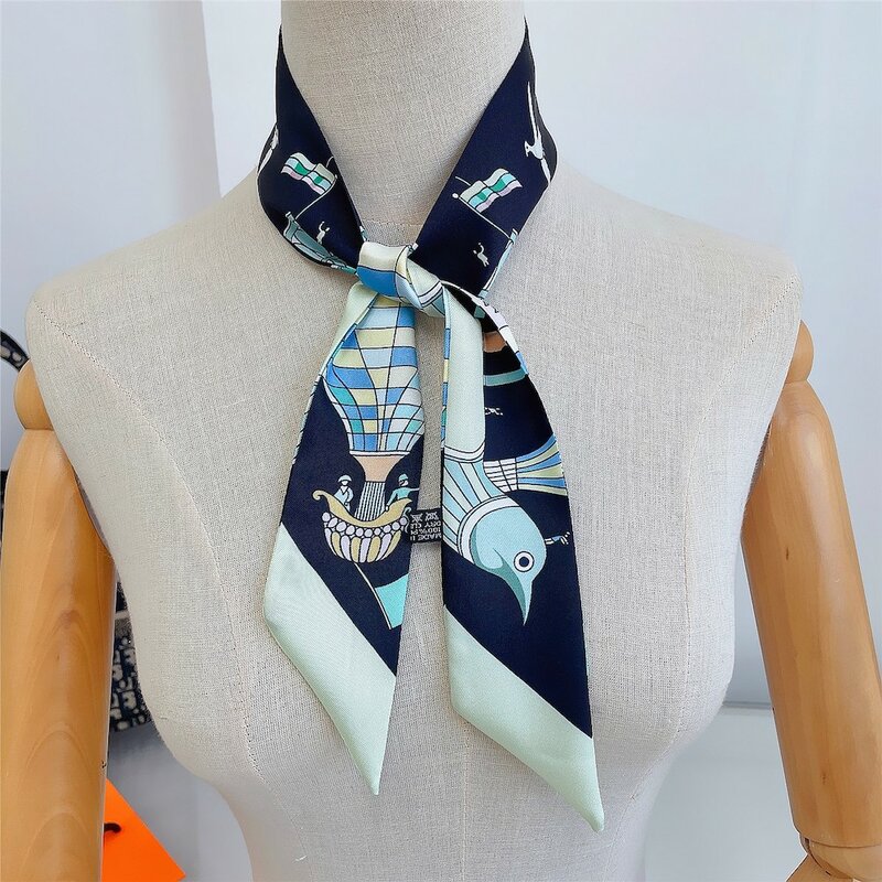 Маленький шелковый шарф для женщин, новинка 2021, Сумка с принтом и ручками, ленты, брендовый модный головной шарф, маленькие длинные узкие шарфы, оптовая продажа