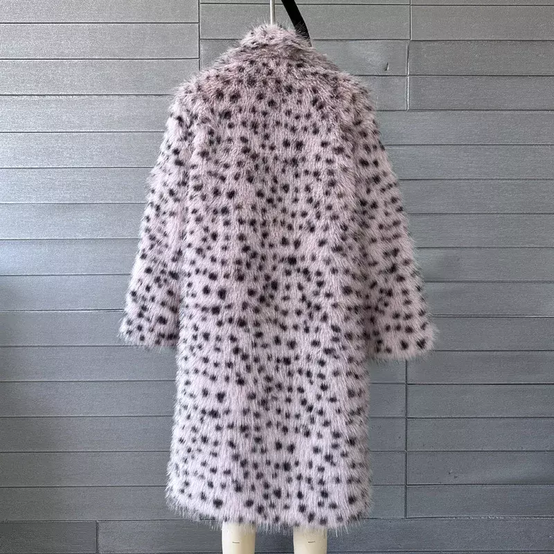 여성용 인조 여우 모피 코트, 턴다운 칼라 레오파드 무늬, 길고 푹신한 재킷, 두껍고 따뜻한 방풍 플러시 외투, 2024 겨울 패션