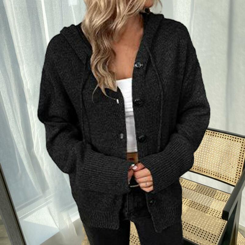 여성용 니트 가디건 상의, 긴 소매 싱글 브레스트, 느슨한 따뜻한 후드 드로스트링, 여성 스웨터 재킷, 가을