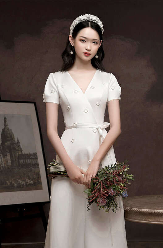 Simple White Satin Formal Dress Beading Pearls V-Neck Elegant Long Evening Party Gowns Female Engagement Dresses