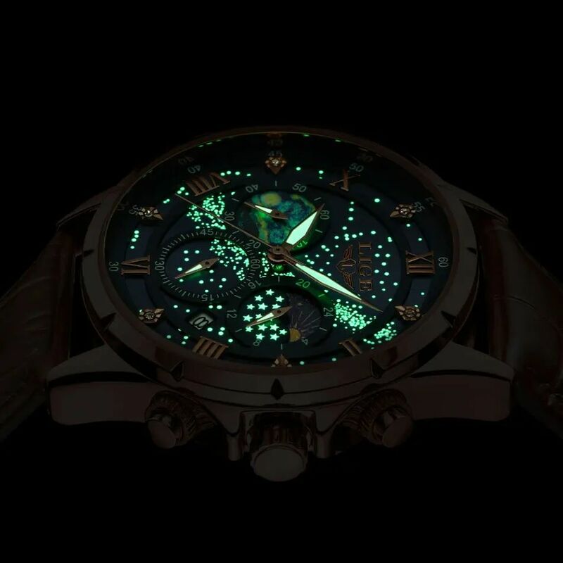 Lige Luxus Schneeflocke Zifferblatt Design Männer Quarzuhren Business Leder armbänder Chronograph Uhr für Männer 3c nigth lume neu