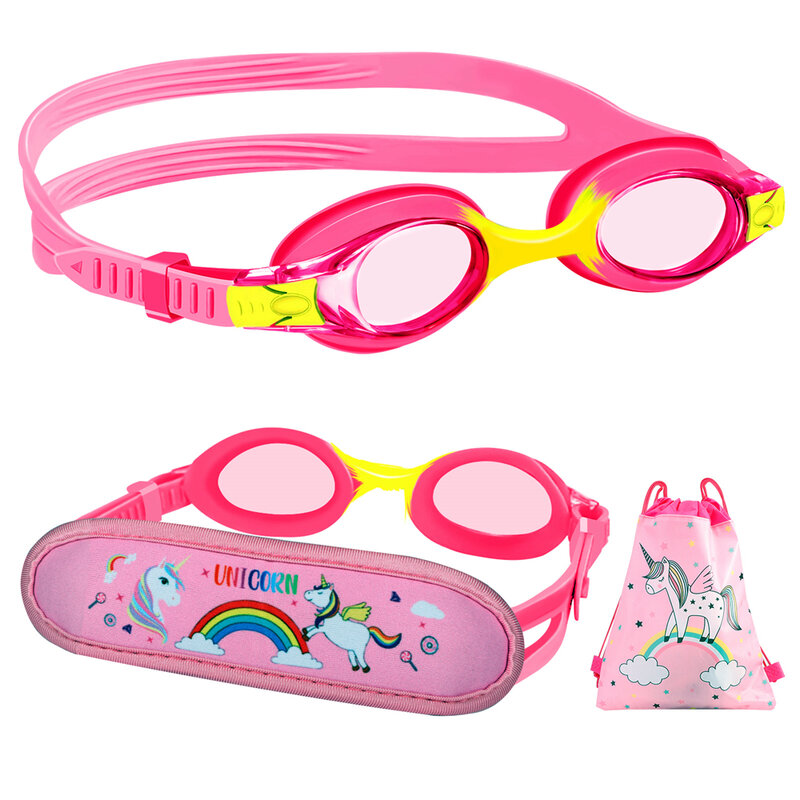 Occhialini da nuoto per bambini unicorno carino con cinturino in tessuto senza groviglio occhiali da piscina antiappannamento senza perdite per bambini ragazze ragazzi