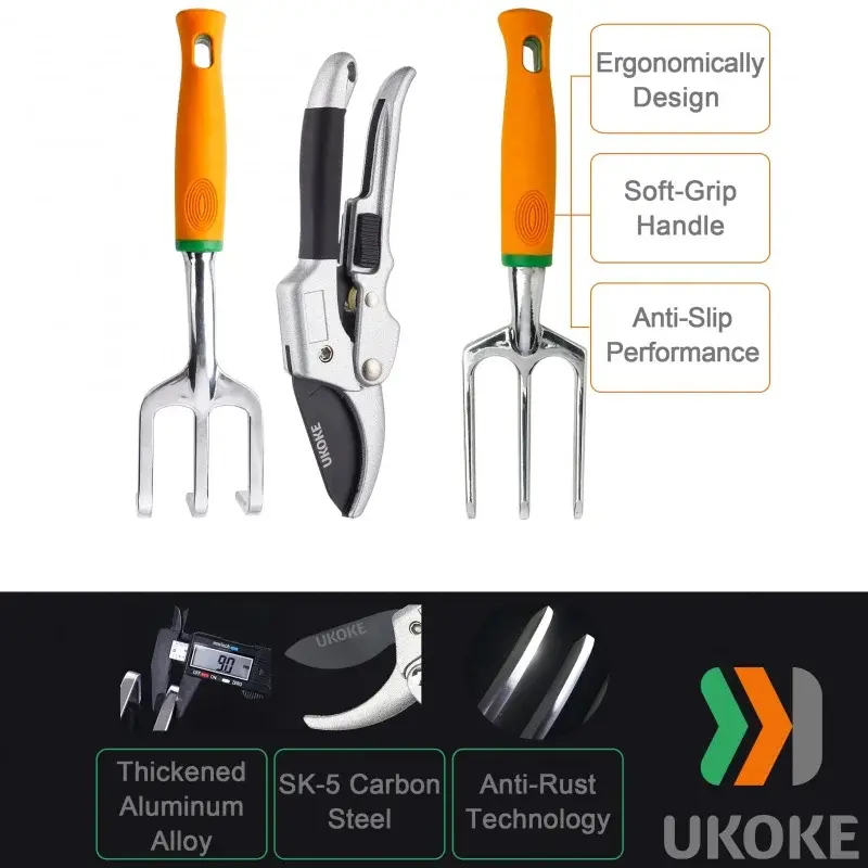 Ukoke-Juego de herramientas de jardín de aluminio, delantal de jardinería con bolsillo de almacenamiento, 12 piezas