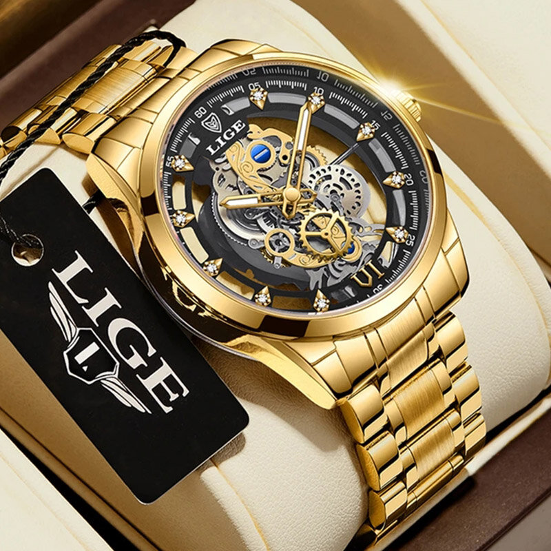 Часы LIGE мужские водонепроницаемые, спортивные большие брендовые Роскошные Кварцевые наручные, с отверстиями