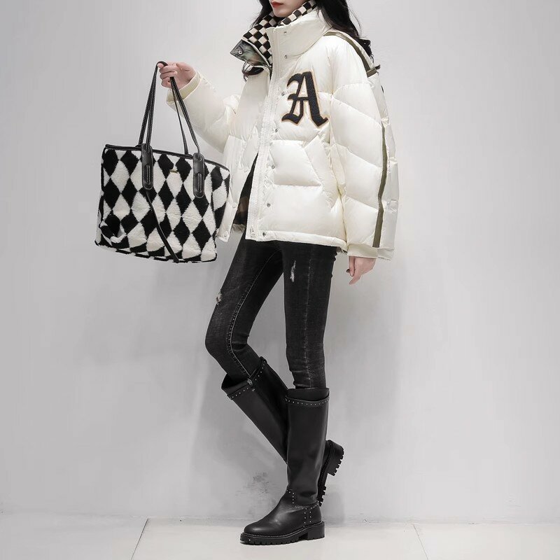 Casaco feminino de pato branco, jaqueta curta, estilo coreano, gola alta, solta, parca quente, sobretudo casual, moda feminina, 2023