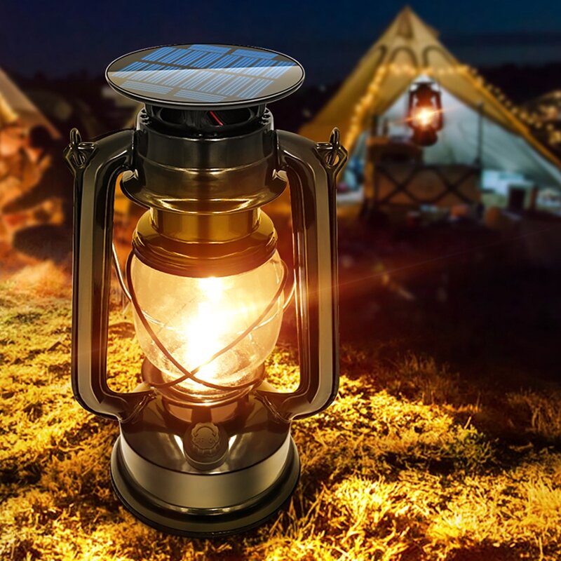 LED Vintage Solar Lantern Outdoor Hanging Metal Lantern USB Camping Night Lights For Garden Yard Decor Or Camping Hiking