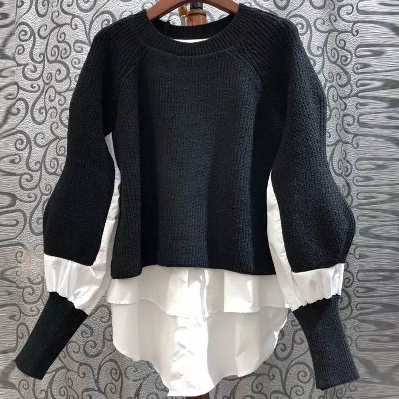 Suéter de manga comprida de lanterna feminino, pulôver solto, gola redonda, selvagem, nova moda, outono e inverno, 2023