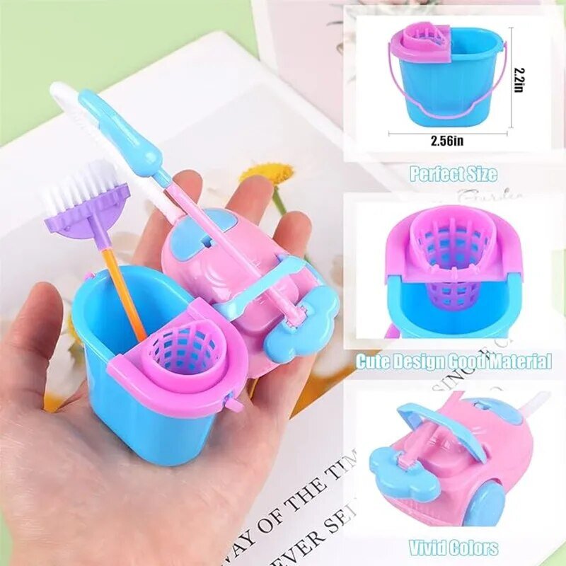 9PCS Miniature Doll House Cleaning Supplies Mini Bucket Mop Brush Broom Housework Cute Tool Set Furniture Accessories Kid BJD