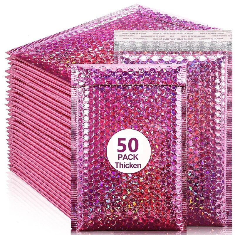 Enveloppes postales holographiques laser rose, sac de courrier étanche, enveloppes à bulles rembourrées, sac d'emballage pour l'expédition, 50 pièces
