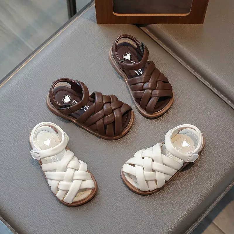 2024 New Cross-woven Girls Beach Shoes 1-6 Years Old Kids Sandals Pure Color Simple Summer Leather Children Shoes Girl Sandals